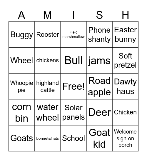 Amish Bingo Card