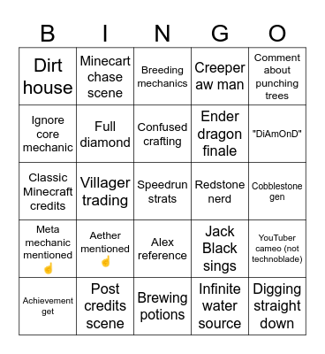 Minecraft movie bingo Card