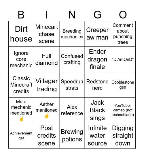 Minecraft movie bingo Card