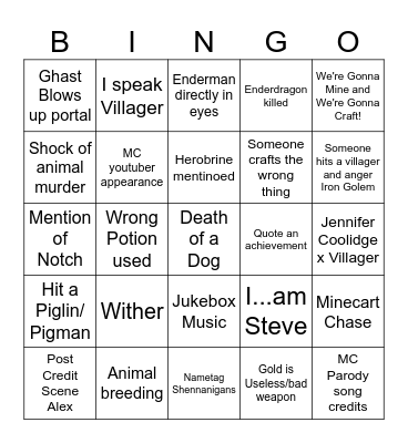 Minecraft Movie Bingo Card