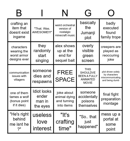 Minecraft Movie Bingo Card