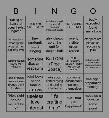 the Minecraft movie bingo Card