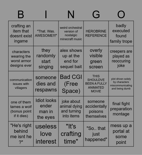 the Minecraft movie bingo Card