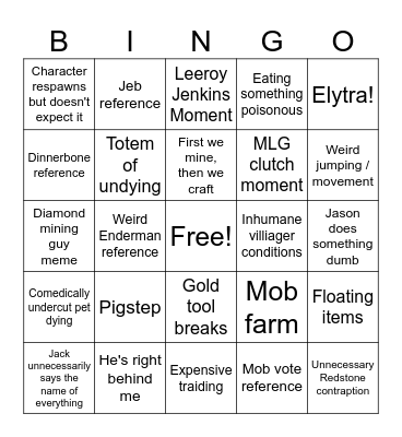 Minecraft Movie Bingo Card