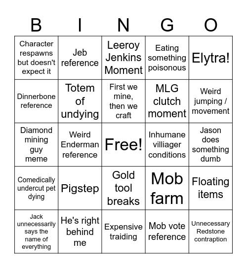 Minecraft Movie Bingo Card