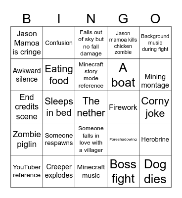 Reuben’s Minecraft movie bingo Card