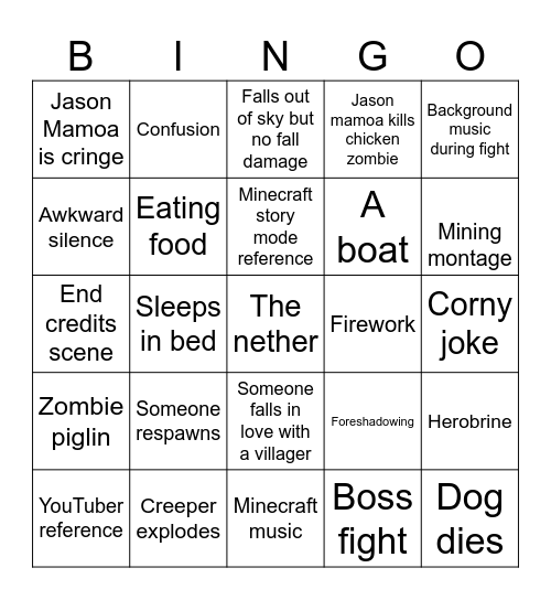 Reuben’s Minecraft movie bingo Card
