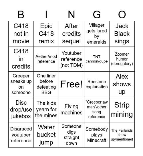 Minecraft Movie Bingo Card