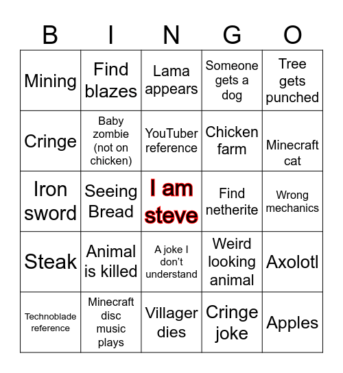 Becca’s Minecraft movie bingo card Bingo Card