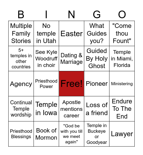 General Conference Bingo Card