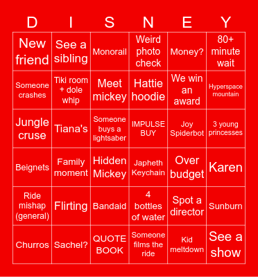 Disney Bingo Card