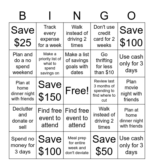 Budgeting Fun Bingo Card