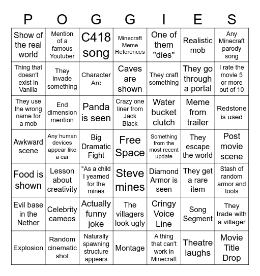Minecraft Movie Bingo Card Bingo Card