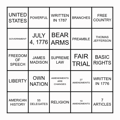 Declaration of Independence, Constitution and Bill of rights BIngo Card