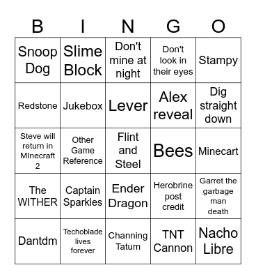 Minecraft movie bingo Card
