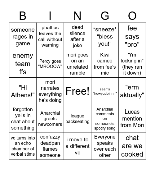 Sussy General 2025 Bingo Card
