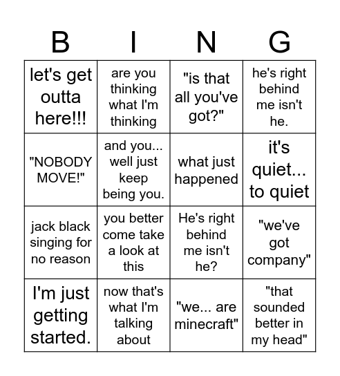 Minecraft Movie Bingo Card