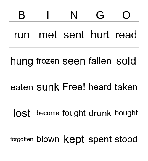 Past Participle Bingo Card
