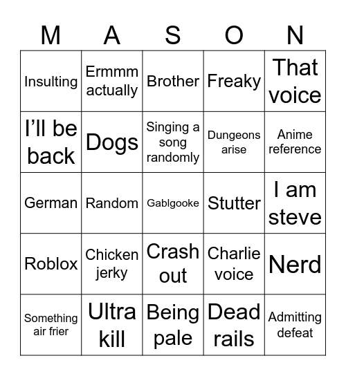 Mason Bingo Card