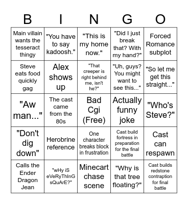 Minecraft Movie Bingo Card