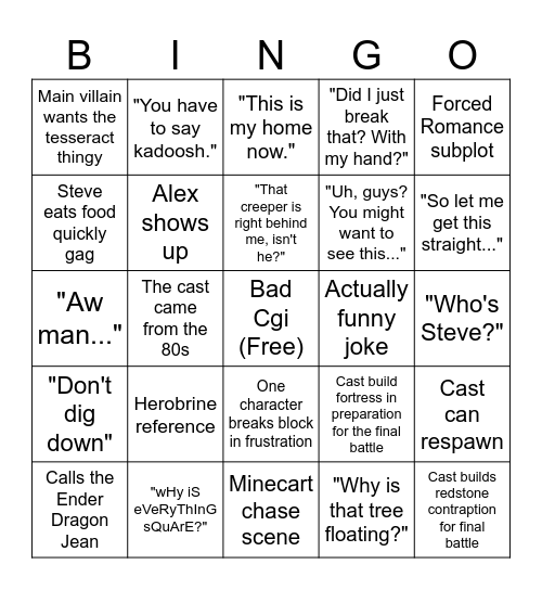 Minecraft Movie Bingo Card