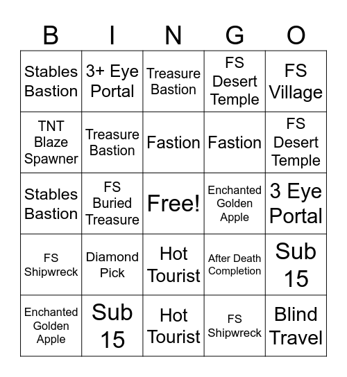 SUB 20 BINGO Card