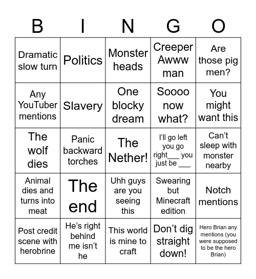 MINECRAFT!!!! Bingo Card