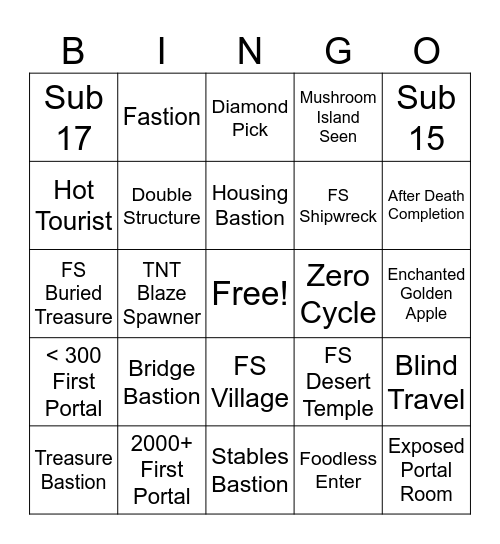 SUB 20 BINGO!!!!! Bingo Card
