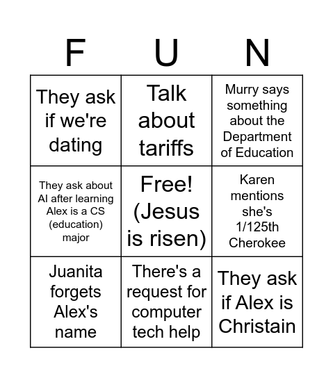 Easter Dinner 2025 Bingo Card