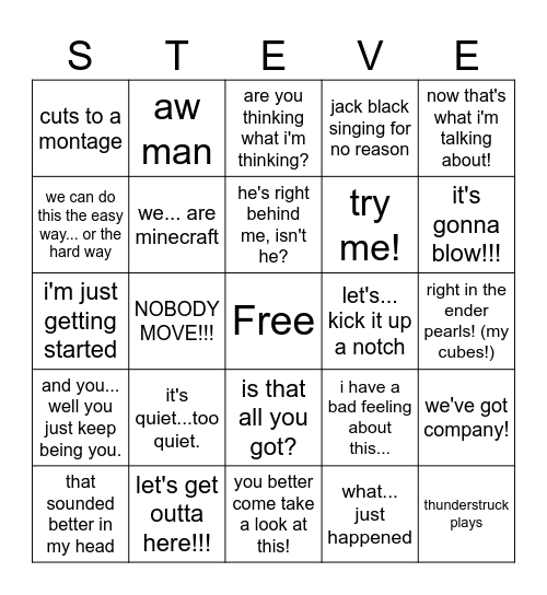 minecraft movie Bingo Card