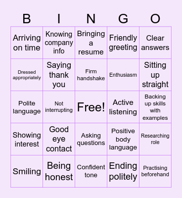 Interview Skills Bingo Card