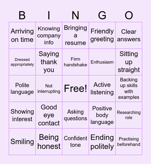 Interview Skills Bingo Card