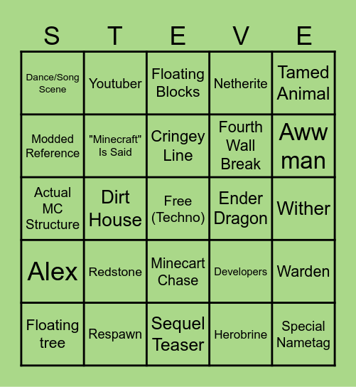 MINECRAFT MOVIE BINGO Card