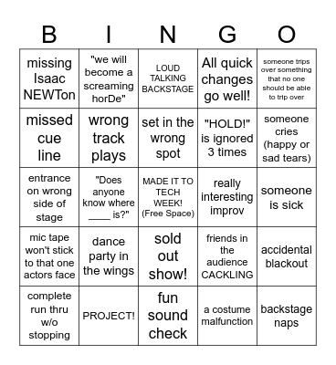 Theatre Tech Week Bingo Card