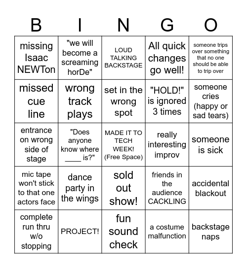 Theatre Tech Week Bingo Card