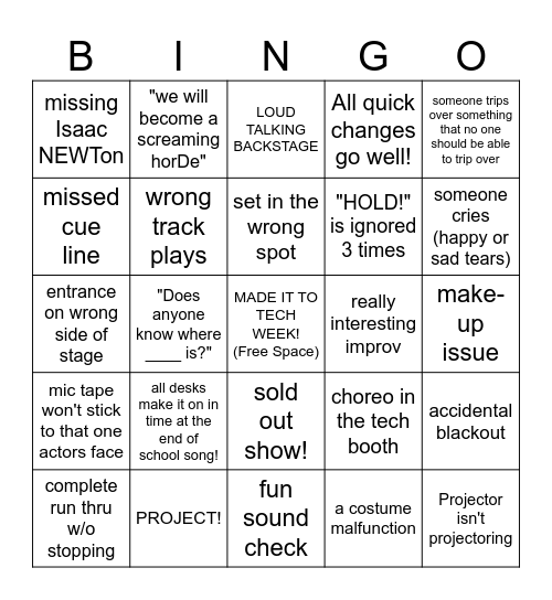 Theatre Tech Week 2.0 Bingo Card