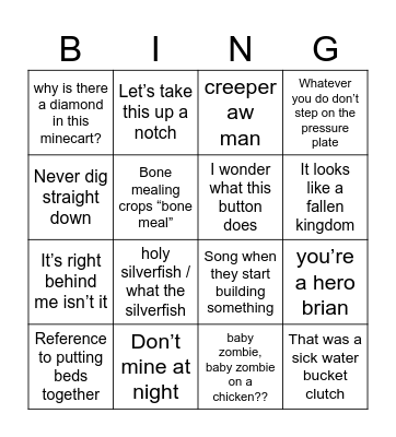 Minecraft Movie Bingo Card