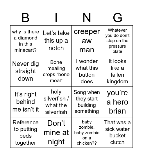 Minecraft Movie Bingo Card