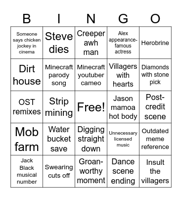 Minecraft Movie Bingo Card