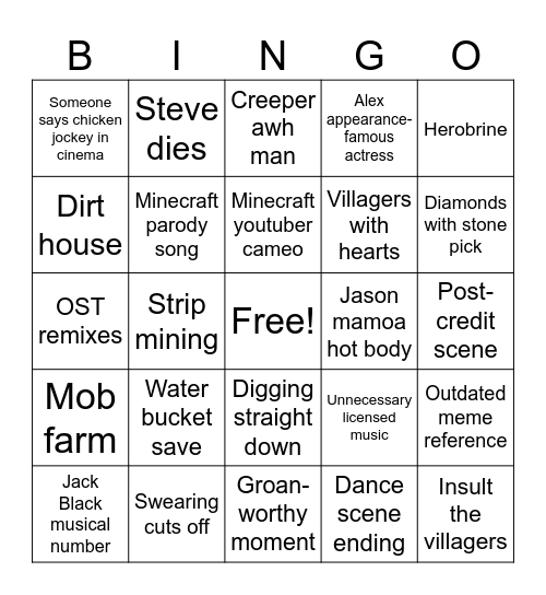 Minecraft Movie Bingo Card
