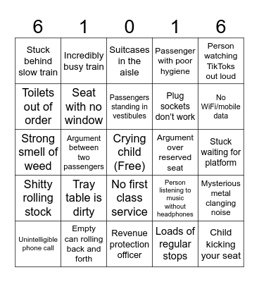 Shitty Train Journey Bingo Card