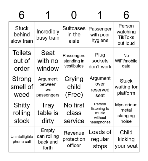Shitty Train Journey Bingo Card
