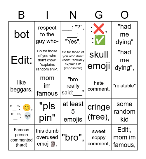 Youtube Shots Bingo Card Bingo Card