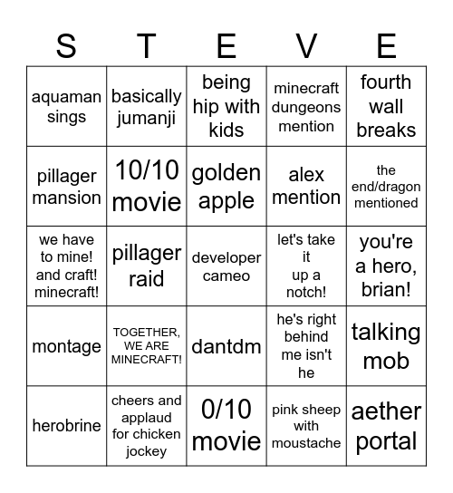 Minecraft Movie Bingo Card Bingo Card