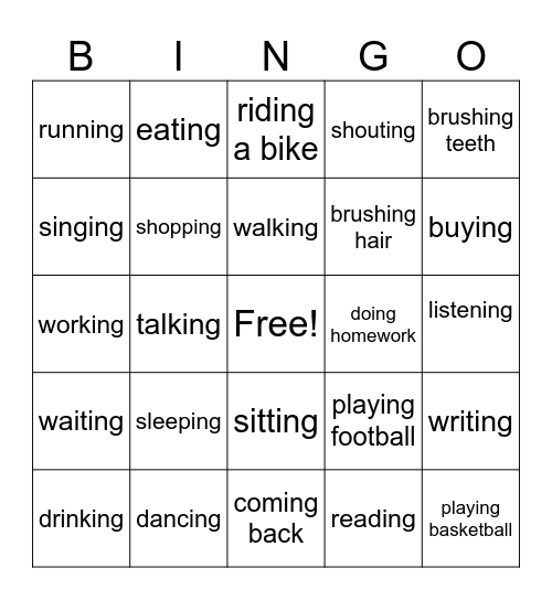 Present progressive bingo Card