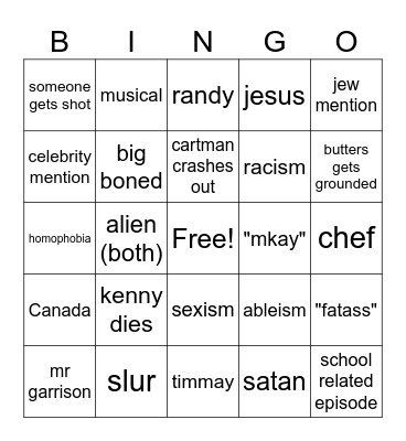 south park Bingo Card
