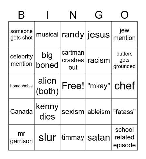 south park Bingo Card