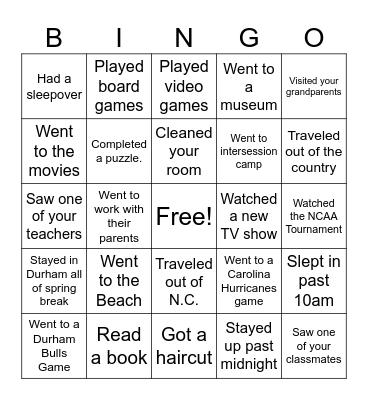Spring Break Bingo Card