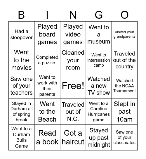 Spring Break Bingo Card