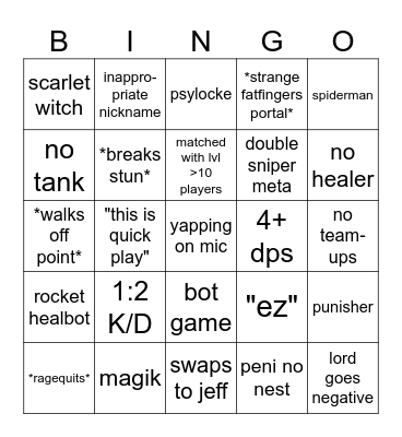 Marvel Rivals Quickplay Bingo Card